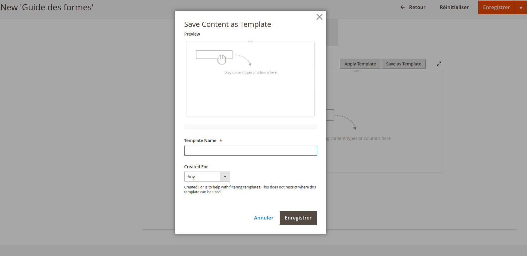 Save Page Builder templates or apply templates you previously created.